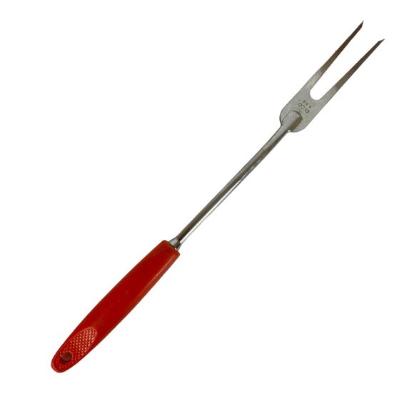 Vintage Ekco Meat Carving Fork With Tomato Red Handle Chromium Plated USA - Picture 1 of 5